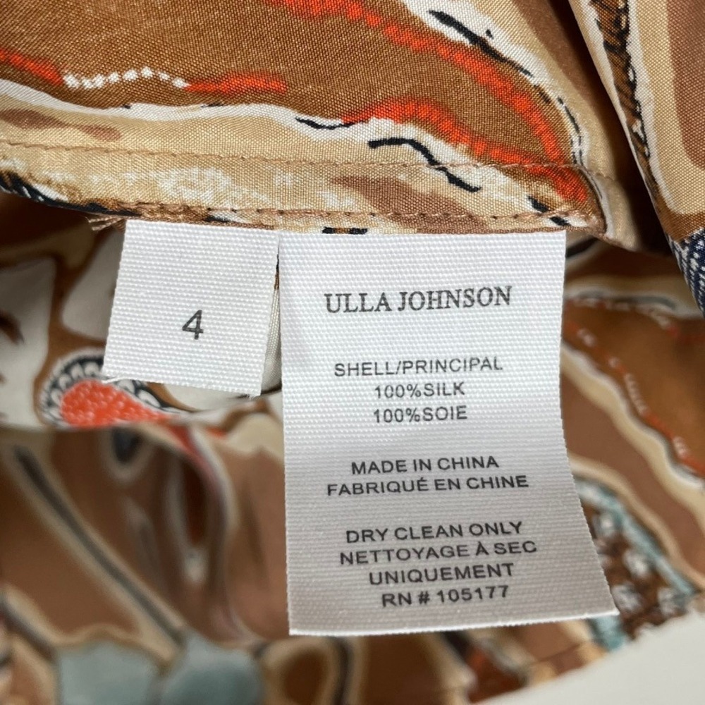 Ulla Johnson Silk Blouse 4 Brown Floral Puff Sleeve Boho Cottagecore Batik Top - Picture 6 of 9